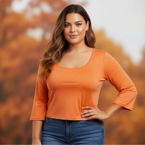 NWT OTHREAD & CO. Orange Scoop Neck Cropped 3/4 Sleeve Top Size L